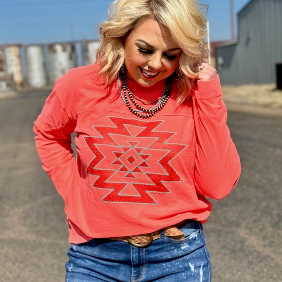 Aztec Coral Long Sleeve T Shirt with thumb holes - Picture 1 of 2